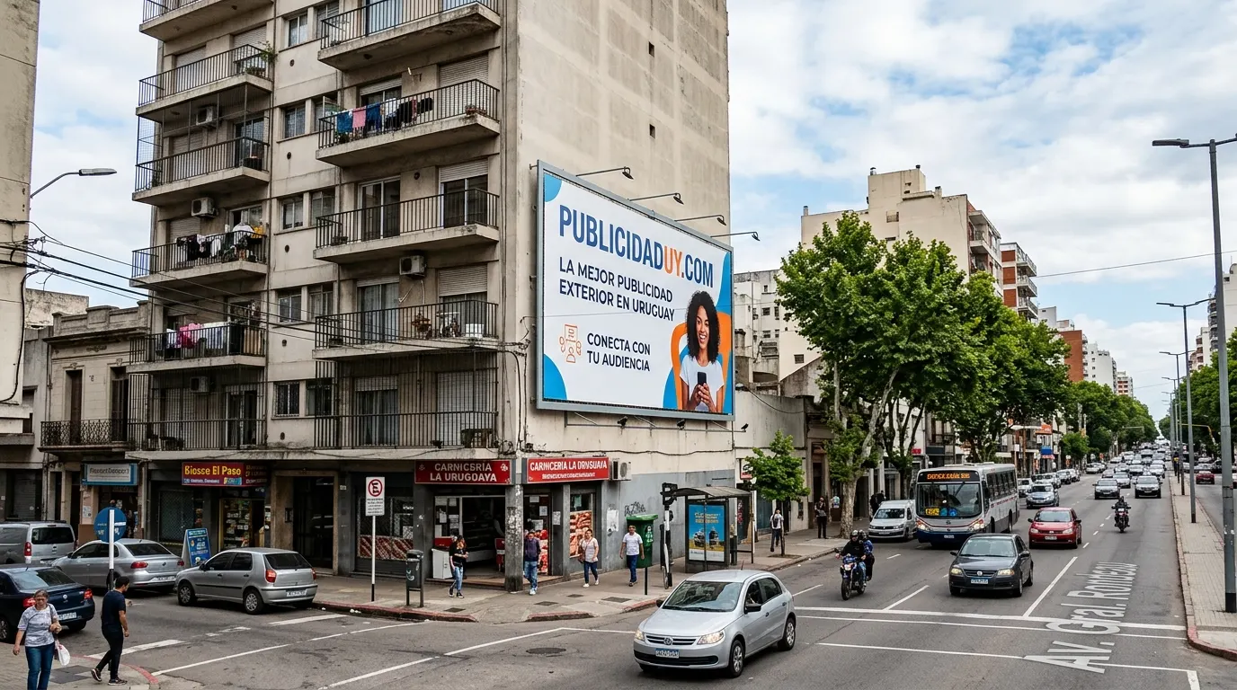 Cartel publicitario de PublicidadUY sobre la pared de un edificio en una avenida de Montevideo