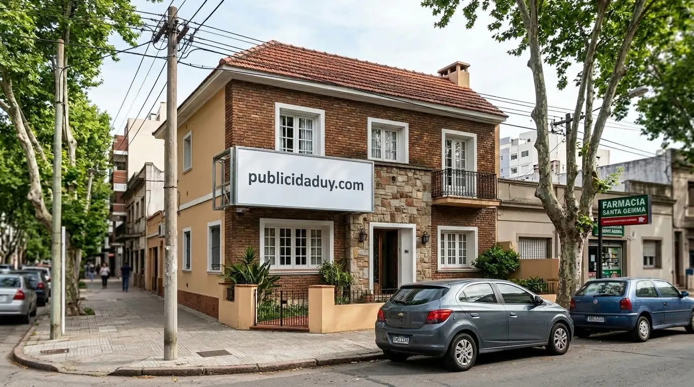 Cartel publicitario colocado sobre la fachada de una casa en un barrio de Montevideo