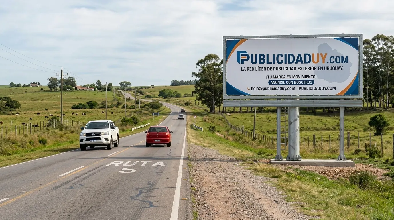 Cartel publicitario sobre una estructura metálica junto a una ruta nacional