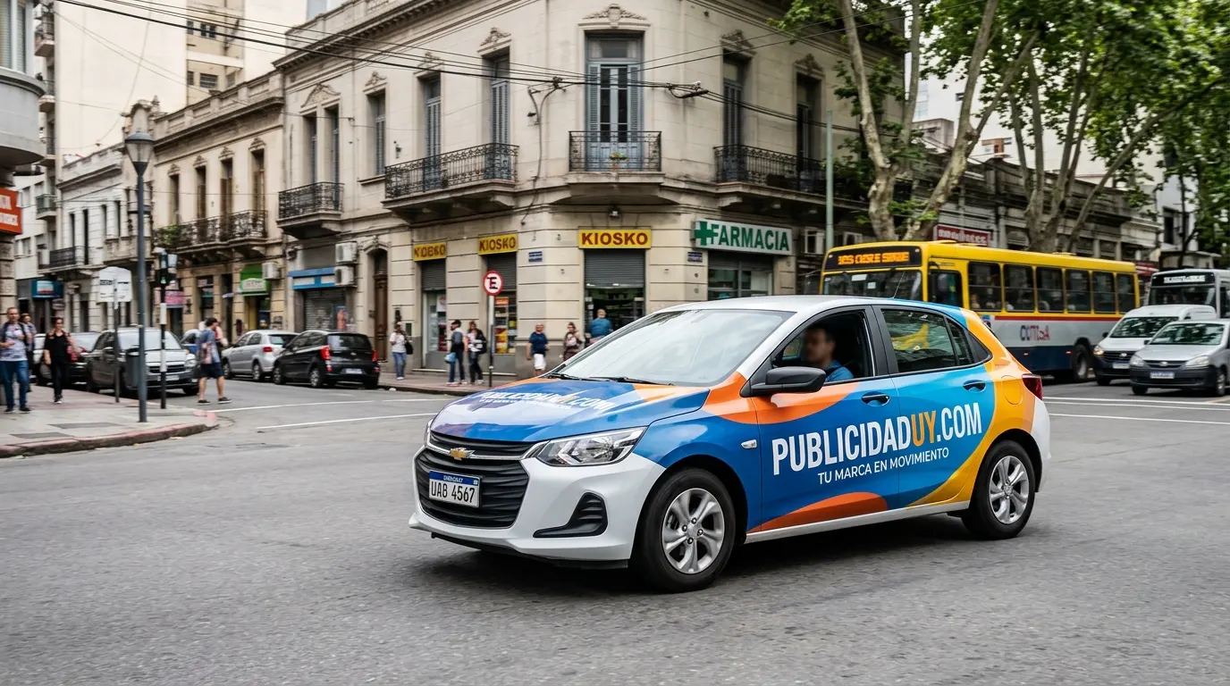 Auto rotulado con publicidad circulando por una calle del centro de Montevideo